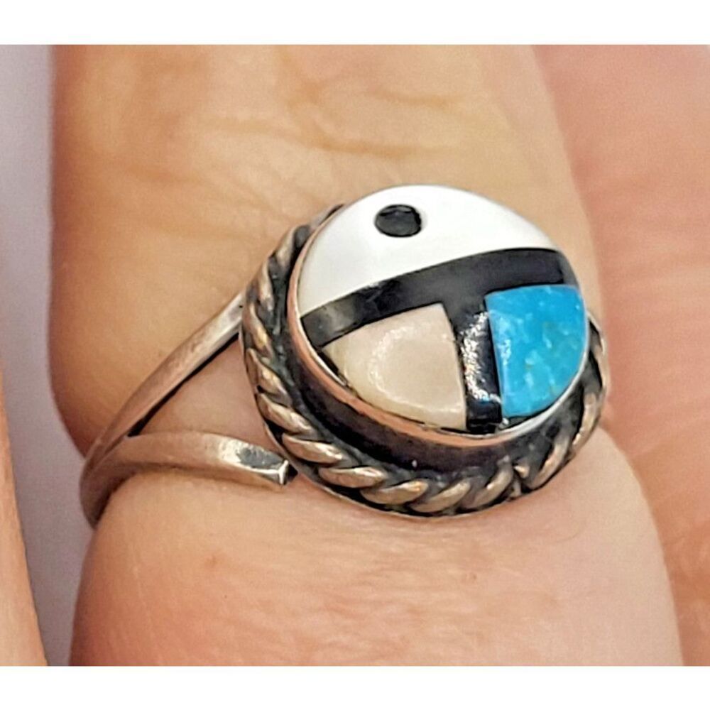 Little Zuni Sun God Sterling Silver Turquoise Abalone Coral Ring sz 6